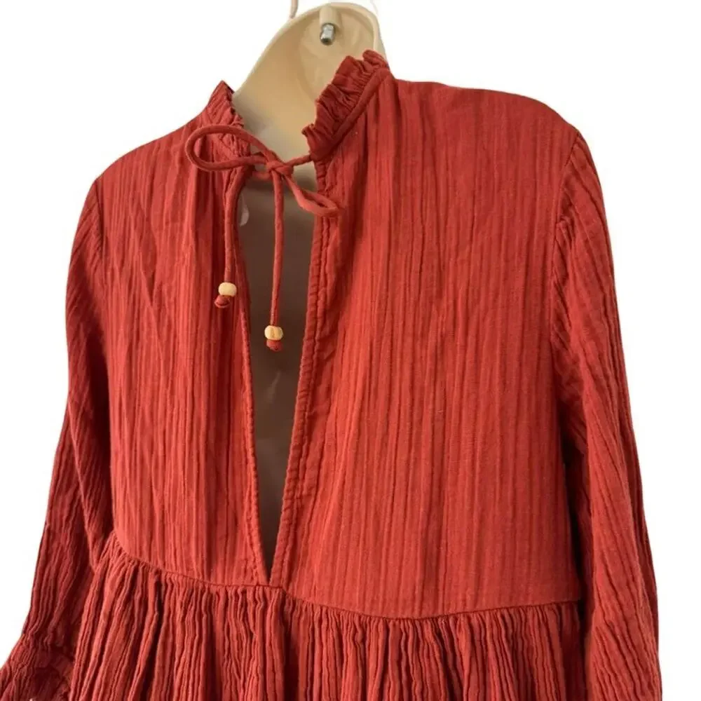 Free People Mini Oversized 3/4 Sleeve Gauze Dress Dark Orange 100% Cotton sz XS